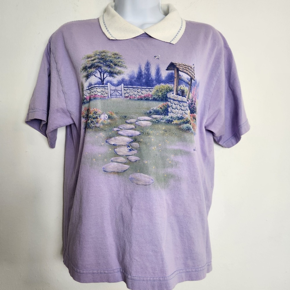 Vintage Morning Sun Purple Garden Cottagecore Collared T Shirt Sz M 90s Grandma
